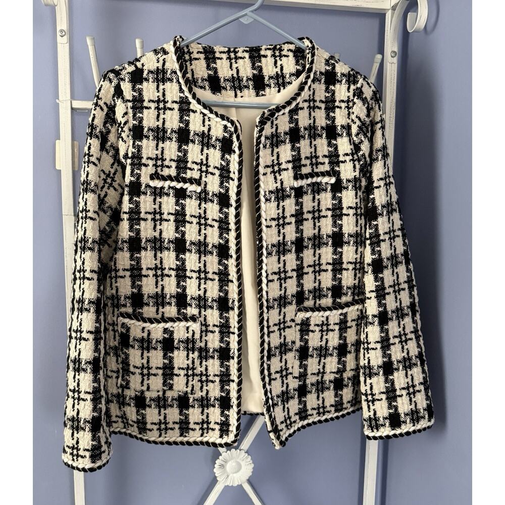 Evafreedom Black And White Tweed Jacket Princess Parisian Workwear Office Lg